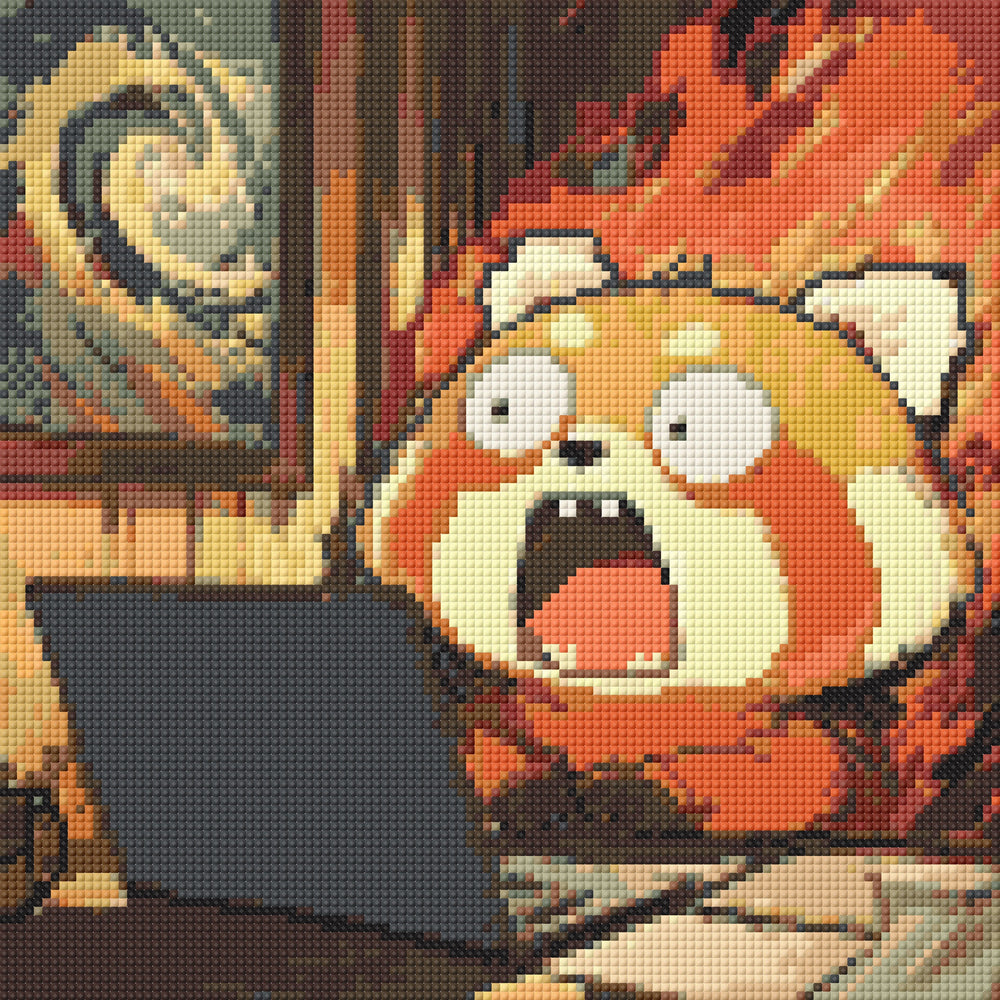 Pixelated preview of a screaming red panda character rendered in bright reds and yellows. This small diamond painting is both comical and oddly therapeutic, making it a brilliant desk accessory or lighthearted DIY project.