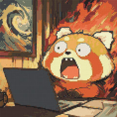 Pixelated preview of a screaming red panda character rendered in bright reds and yellows. This small diamond painting is both comical and oddly therapeutic, making it a brilliant desk accessory or lighthearted DIY project.