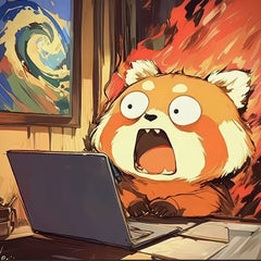 The red panda character is frozen mid-scream, surrounded by swirling fire and digital stress. This funny diamond art kit is small, expressive, and perfect for anyone needing a humorous gift or decor that reflects everyday work frustration in a charming way.