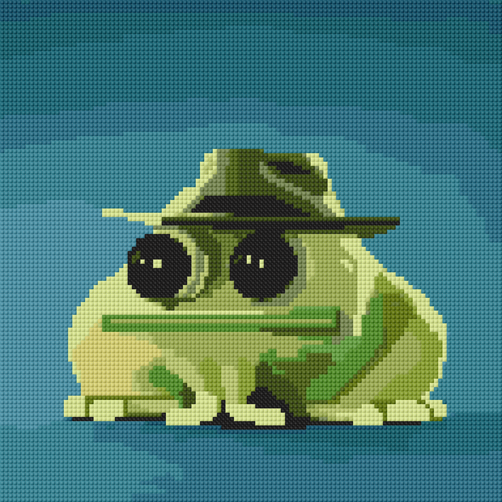 Funny green frog with oversized eyes and a stylish hat, sitting confidently in a cartoon pose. This small diamond painting combines humor and style, making it ideal for quirky DIYers, desktop decor fans, and anyone who enjoys fun and relaxing crafts.