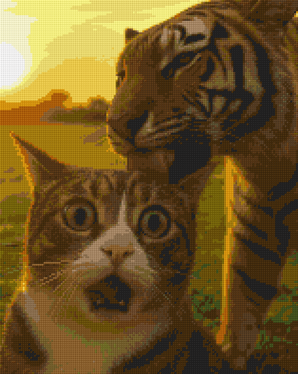Preview of 40x50cm cat and tiger funny selfie diamond painting kit with square drills and soft canvas. Ideal for playful home wall decor.