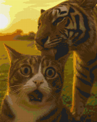 Preview of 40x50cm cat and tiger funny selfie diamond painting kit with square drills and soft canvas. Ideal for playful home wall decor.