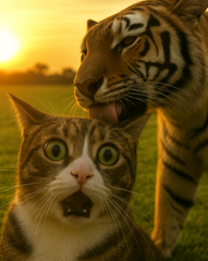 40x50cm diamond painting kit showing a funny cat and tiger taking a selfie in golden light. Square resin drills and soft canvas—perfect DIY art for animal lovers.