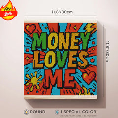 Funny cute mini diamond painting “Money Loves Me” in pop-art comic style, 30x30cm canvas with round drills and 1 AB special color. Beginner-friendly, fun to craft, and a bold decoration piece for home or office.