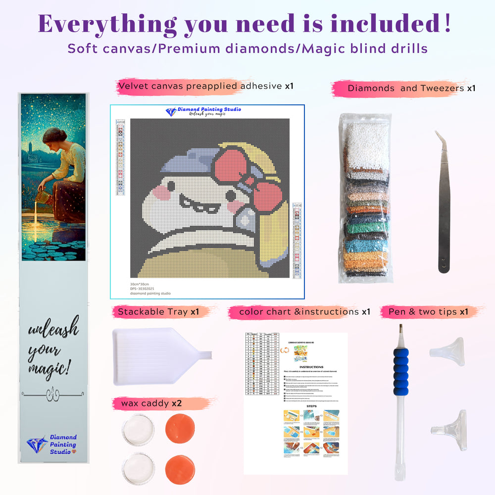 Complete funny diamond art kit featuring adorable monster design with diamond  pen, tray, wax, canvas, and round resin drills.30*30cm, everything
is included ,easy for beginner!