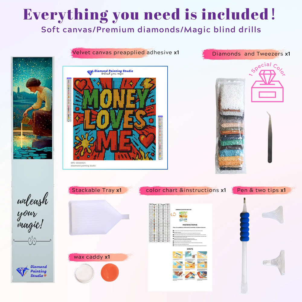 Funny mini small diamond painting kit “Money Loves Me” with 30x30cm soft canvas, round drills (10,000+ pieces), 1 AB special color. Complete beginner-friendly DIY set including applicator, tray, and wax for fun mindful crafting.