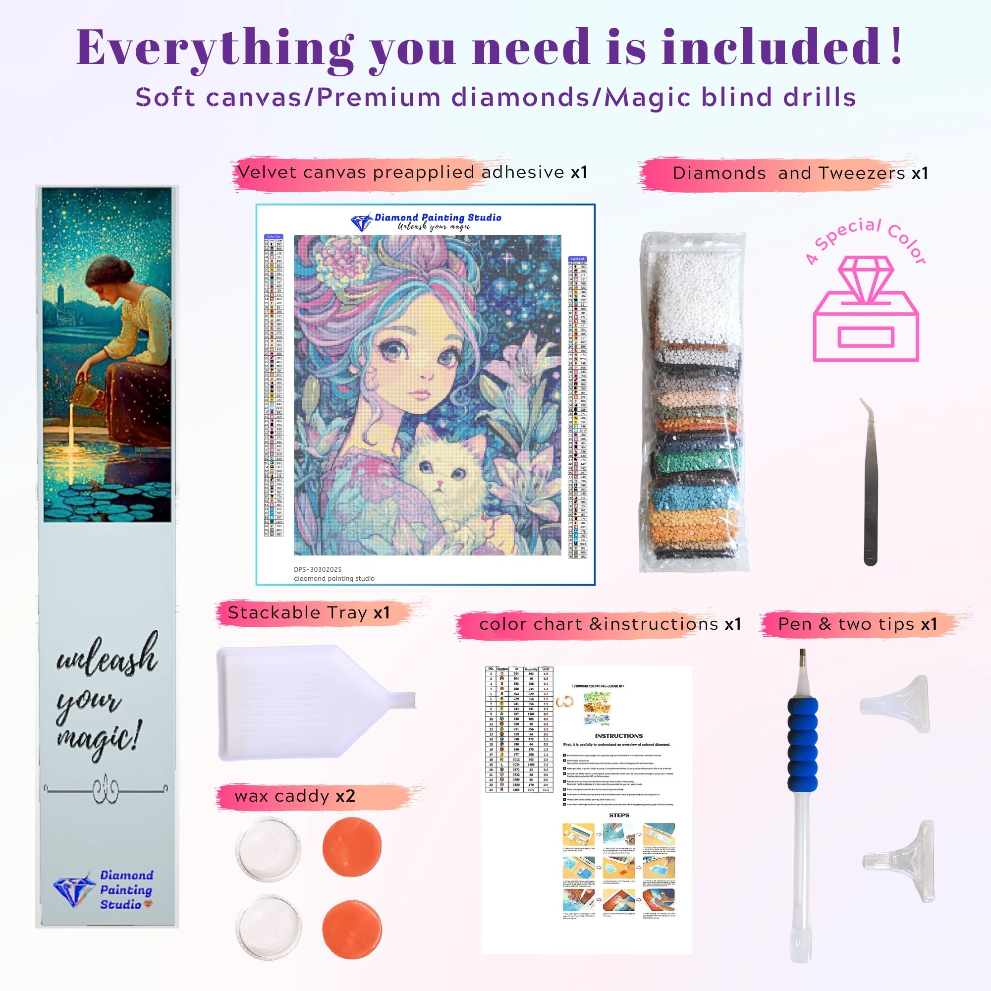 Full flatlay of girl and cat diamond painting kit including tools, canvas, and resin drills—great for beginners and cat lovers. Part of the Fantasy Art Diamond Painting series.