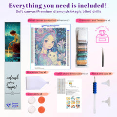 Full flatlay of girl and cat diamond painting kit including tools, canvas, and resin drills—great for beginners and cat lovers. Part of the Fantasy Art Diamond Painting series.