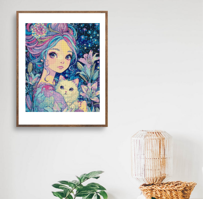 Framed girl and cat diamond art displayed in a modern room, ideal for cozy decor or as a sweet handmade gift. From the Fantasy Art Diamond Painting collection.
