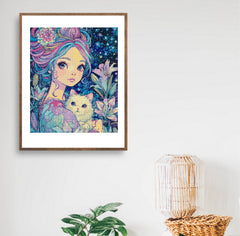 Framed girl and cat diamond art displayed in a modern room, ideal for cozy decor or as a sweet handmade gift. From the Fantasy Art Diamond Painting collection.