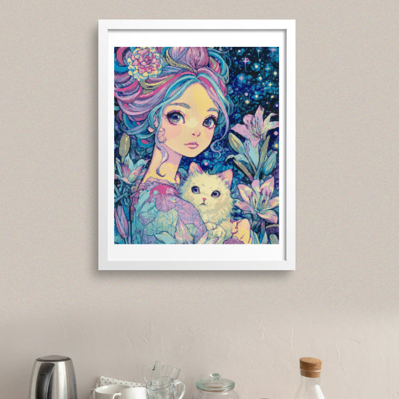 Whimsical girl and cat diamond painting kit framed as wall decor, perfect for dreamy DIY lovers and pet art fans. Part of our Fantasy Art Diamond Painting series.