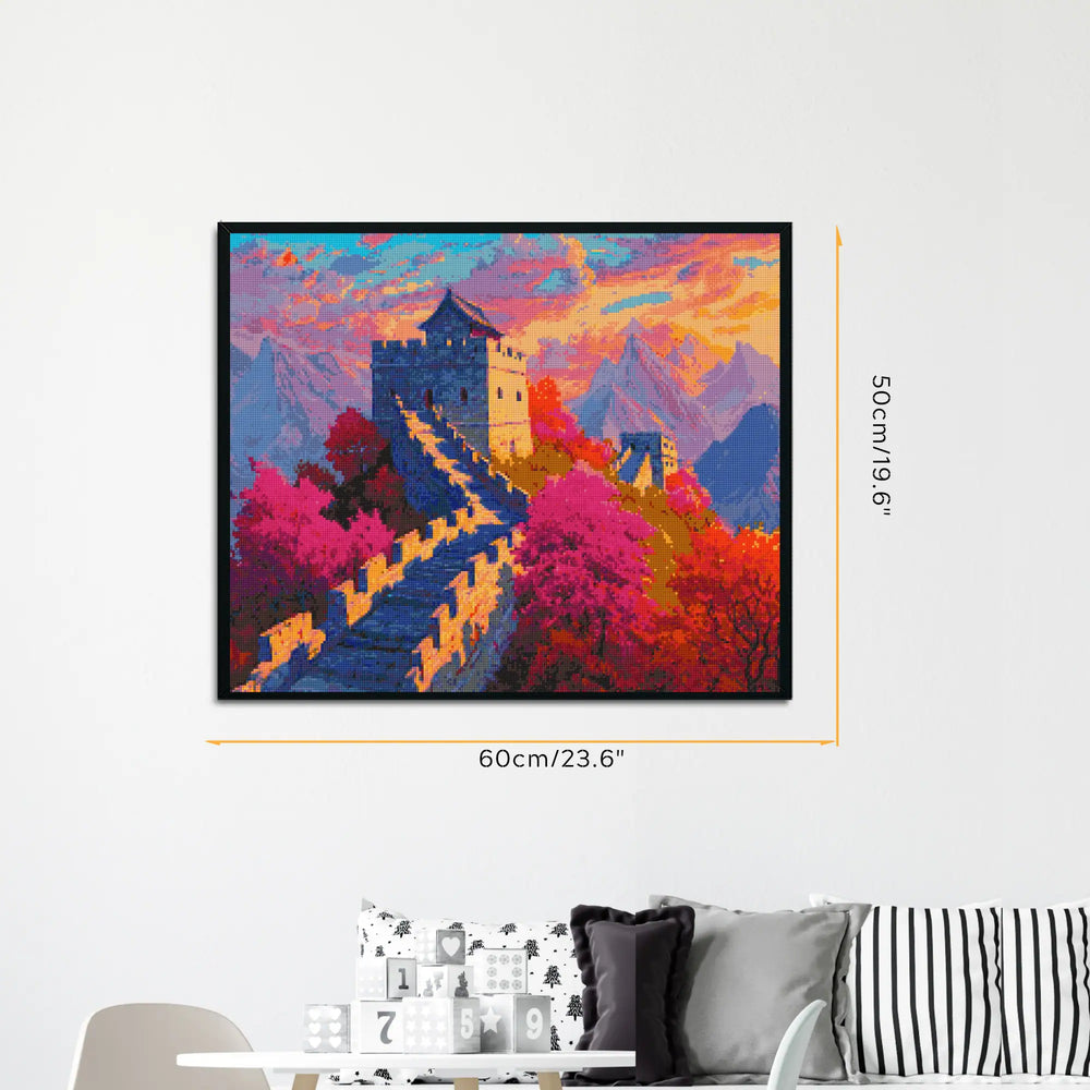 Framed diamond painting of the Great Wall with autumn hills and vibrant sky, ideal for travel lovers, nature fans, or anyone seeking a stunning wall décor centerpiece in the Nature series.