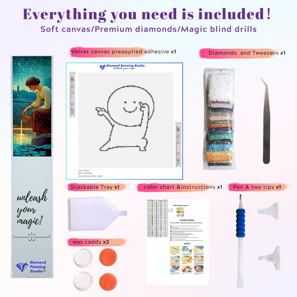 The full kit for the Happy Stickman includes the printed canvas, pen, wax, tray, and resin drills, all ready for a satisfying DIY experience. This small diamond painting kit is easy to complete and designed for stress-free crafting. Ideal for beginners, it’s also a great funny diamond art gift option for birthdays, team-building surprises, or casual weekend projects.