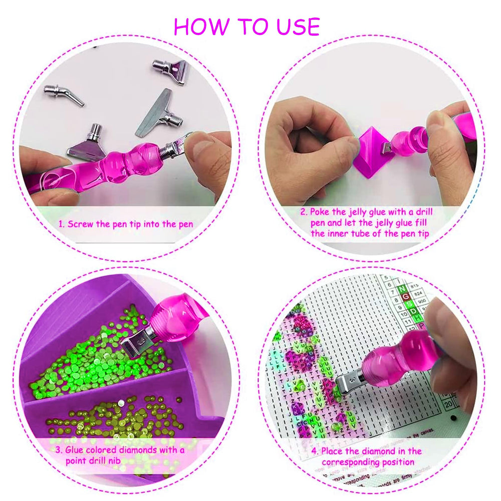 Step-by-step guide on how to use a diamond painting pen with interchangeable tips, jelly glue, and colored resin drills on a coded canvas.