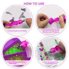 Step-by-step guide on how to use a diamond painting pen with interchangeable tips, jelly glue, and colored resin drills on a coded canvas.