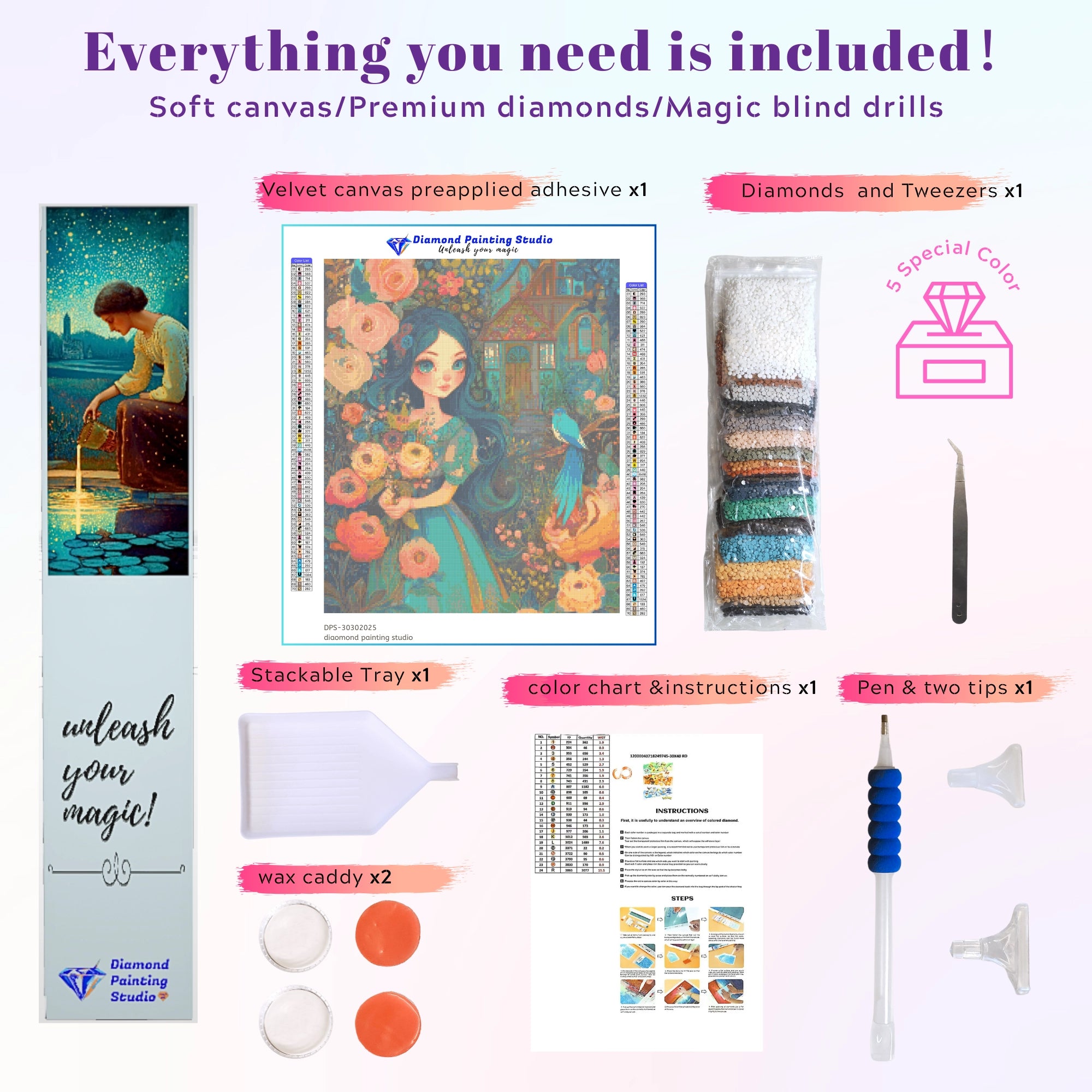 Flatlay of lady with flowers diamond painting kit showing canvas, tools, and resin drills—perfect DIY set for beginners and floral art fans. Part of the Fantasy Art Diamond Painting series.