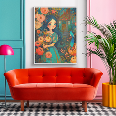 Elegant lady with orange flowers diamond painting displayed in vibrant living room decor. Ideal for art lovers and cozy home vibes. From the Fantasy Art Diamond Painting series.