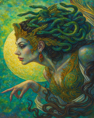 40x50cm diamond painting kit featuring Medusa with snake hair, golden crown, and moonlit background. Square resin drills and soft canvas for mythology lovers.