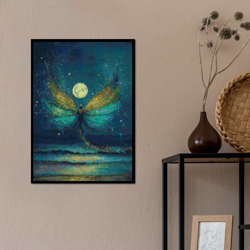 Mermaid angel diamond painting kit framed on beige wall shelf, ideal for fantasy lovers and home art décor fans.