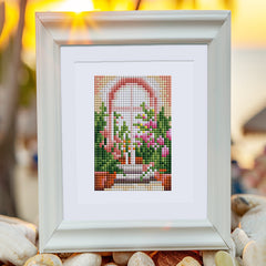 Framed diamond painting featuring an arched window and blooming flowers, perfect for cozy home decor.