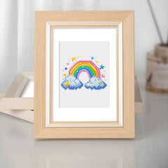Finished rainbow-themed mini diamond painting framed for home decor. Sparkling resin drills and detailed canvas ideal for beginners and gift ideas.