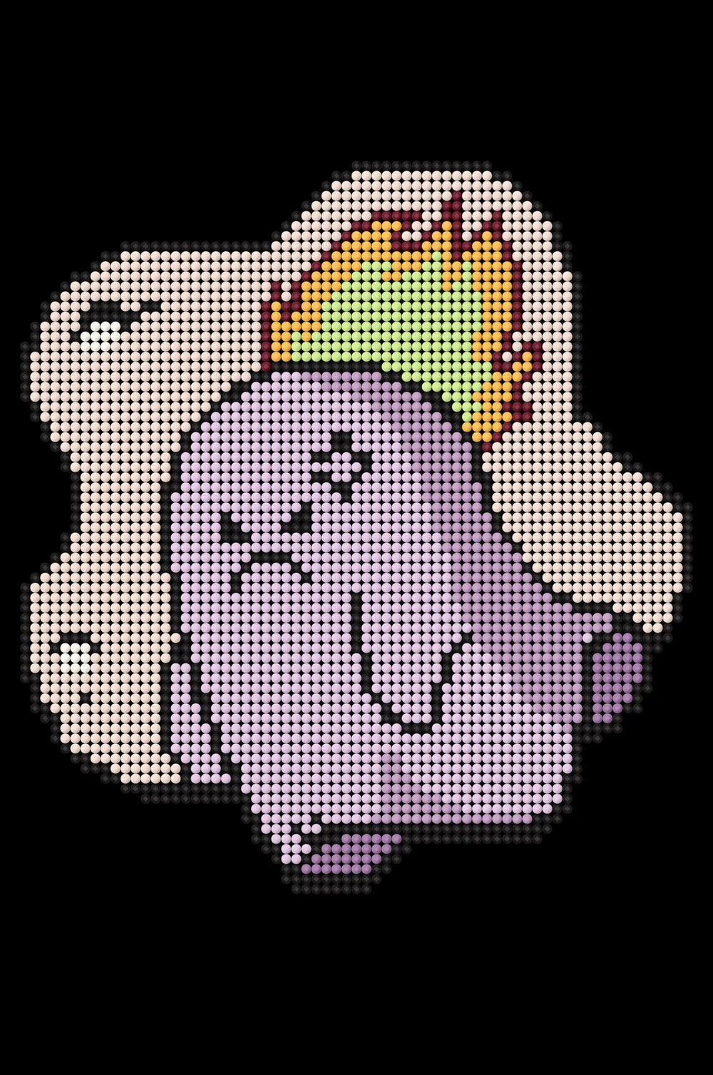 Mini small cute diamond painting kit “Angry Ghost” with fiery flame detail in purple and orange tones. Size 20x30cm, 3,585 round drills, 9 colors plus 1 special AB or Fairy Dust drill. Perfect mindful DIY art for beginners.