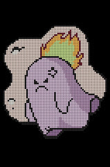 Mini small cute diamond painting kit “Angry Ghost” with fiery flame detail in purple and orange tones. Size 20x30cm, 3,585 round drills, 9 colors plus 1 special AB or Fairy Dust drill. Perfect mindful DIY art for beginners.