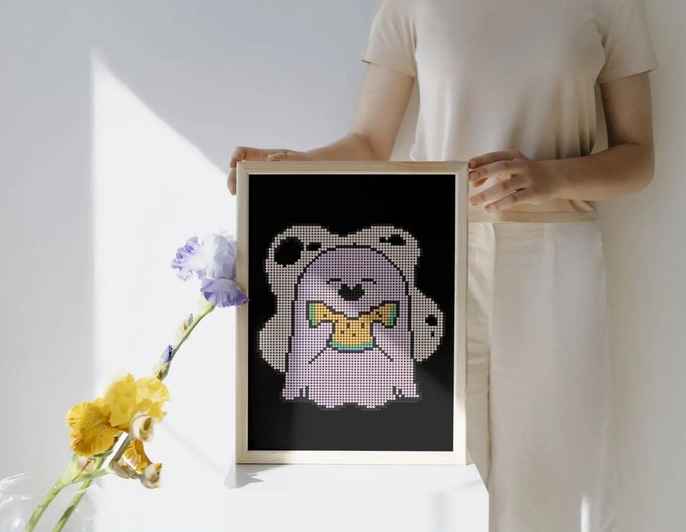 Framed mini cute Watermelon Ghost diamond painting, displayed as wall art. Pastel pink-white tones, 20x30cm with 3,423 round drills, 7 colors + 1 AB special drill. Perfect summer-inspired home décor or creative gift.