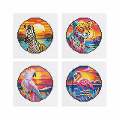 Completed set of 4 mini wild animal diamond painting kits, featuring a zebra, tiger, parrot, and flamingo, each 10x15cm, showcasing vibrant and unique designs.