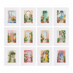 Diamond painting kit featuring beautiful floral doors surrounded by lush blooms in soft colors, creating an inviting and serene garden-like atmosphere. Perfect for nature-inspired home decor.
