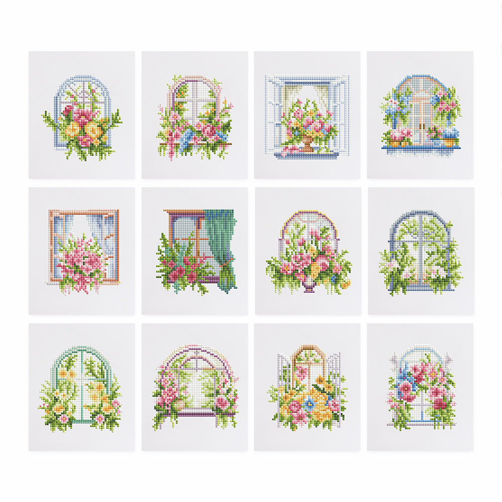 Floral window scene diamond painting kit showing vibrant blossoms, roses, and lush greenery adorning a window frame, evoking a serene garden atmosphere. Ideal for home decor.