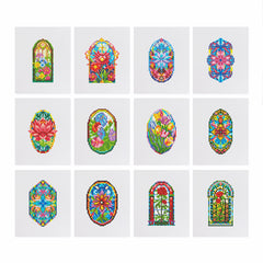 This diamond painting kit features stunning floral designs inspired by stained glass windows. With vibrant flowers and intricate geometric patterns, each design bursts with rich colors and delicate detail. The variety of flowers, including roses, lilies, and other florals, are arranged within beautiful stained glass-like frames, making each piece a bright and eye-catching addition to any room. Ideal for those who love vibrant DIY DIAMOND ART and are looking for an artistic way to showcase nature’s beauty