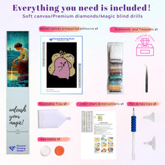 Mini small cute diamond painting kit “Confused Ghost” tools: soft 20x30cm canvas, 3,229 round drills in 5 pastel colors including AB dust drill, applicator pen, tray, and wax. Complete beginner-friendly DIY set.