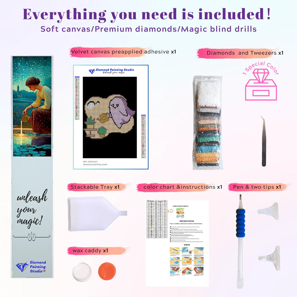 Mini small cute Ghost with Watering Can diamond painting kit tools: soft 20x30cm canvas, 3,123 round drills in 10 colors plus 1 AB or Fairy Dust special drill, applicator pen, tray, and wax. Complete DIY set for beginners.