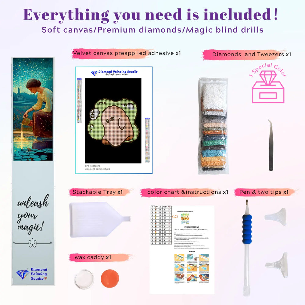 Mini small cute Sad Ghost diamond painting kit tools: soft 20x30cm canvas, 2,030 round drills in 8 colors plus 1 AB or Fairy Dust special drill, applicator pen, tray, and wax. Complete DIY set for beginners.