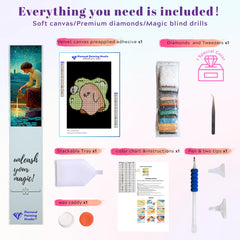 Mini small cute Sad Ghost diamond painting kit tools: soft 20x30cm canvas, 2,030 round drills in 8 colors plus 1 AB or Fairy Dust special drill, applicator pen, tray, and wax. Complete DIY set for beginners.