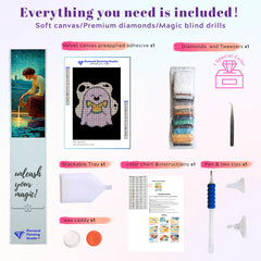 Mini small cute Watermelon Ghost diamond painting kit tools: soft 20x30cm canvas, 3,423 round drills in 7 colors plus 1 AB special drill, applicator pen, tray, and wax. Complete beginner-friendly DIY set.