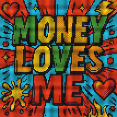 Mini small funny diamond painting kit “Money Loves Me” in bold comic style, 30x30cm round design with 1 AB drill. Perfect for beginners seeking a fun and creative art break, ideal for quick DIY home décor.