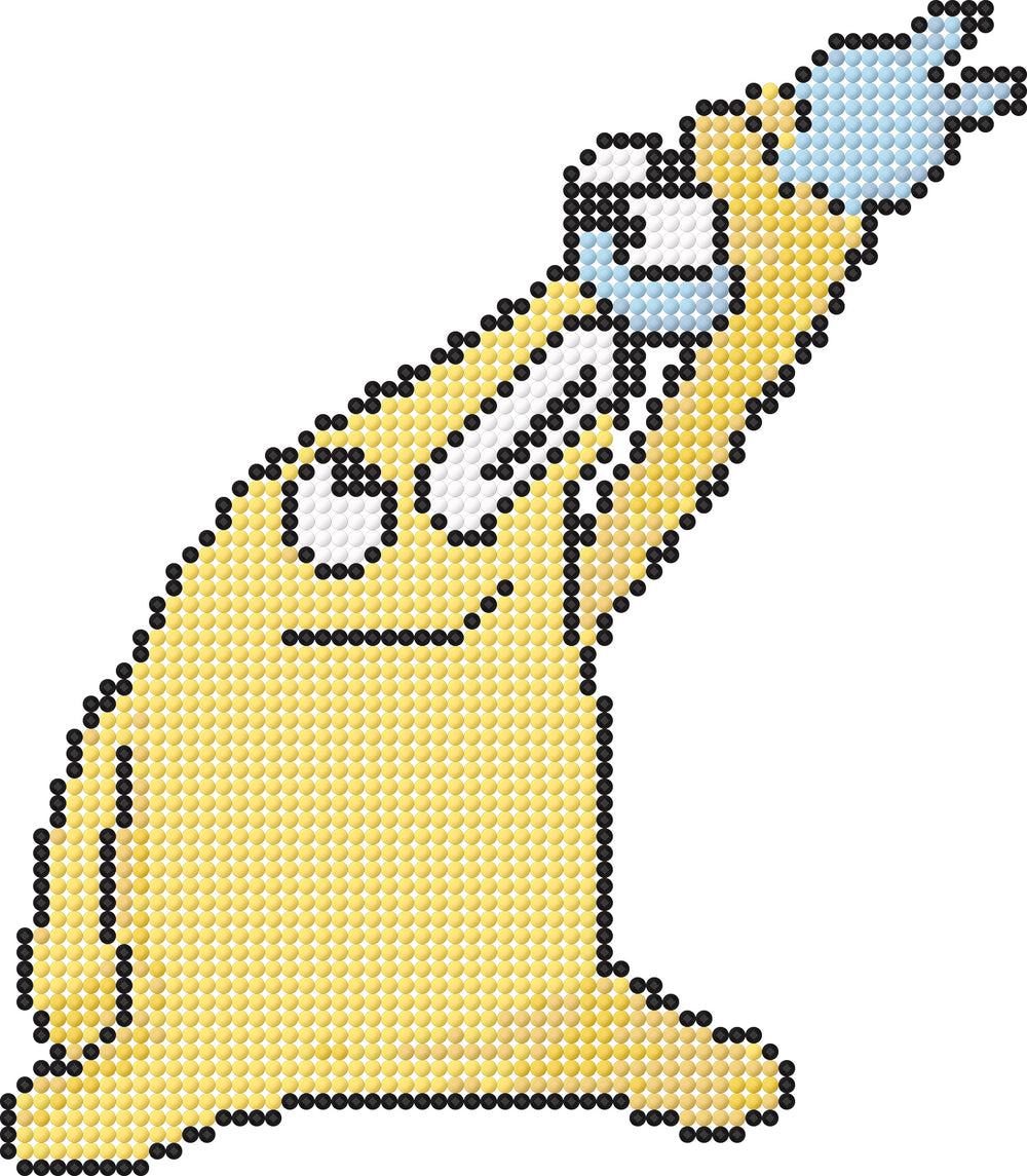 Playful yellow cartoon creature holding a blue toy, rendered in pixelated diamond painting preview. This small canvas is a joyful craft project that adds innocence and silliness to any DIY collection. A relaxing and funny piece to make and share with friends or kids.
