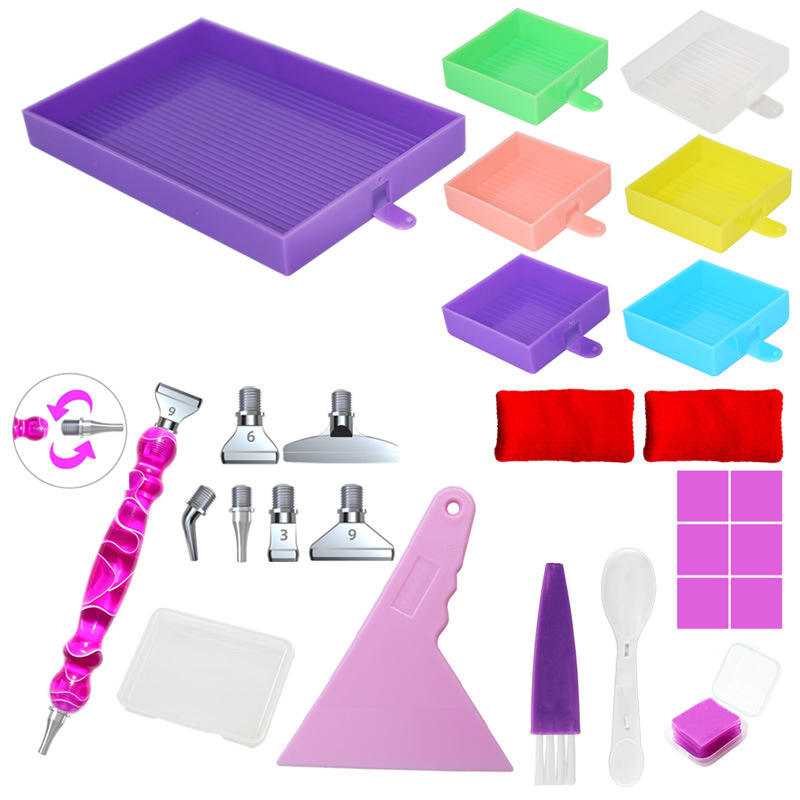 Close-up view of pink and purple diamond art tool sets with trays and accessories – showcases detail and quality for serious crafters.
