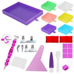 Close-up view of pink and purple diamond art tool sets with trays and accessories – showcases detail and quality for serious crafters.