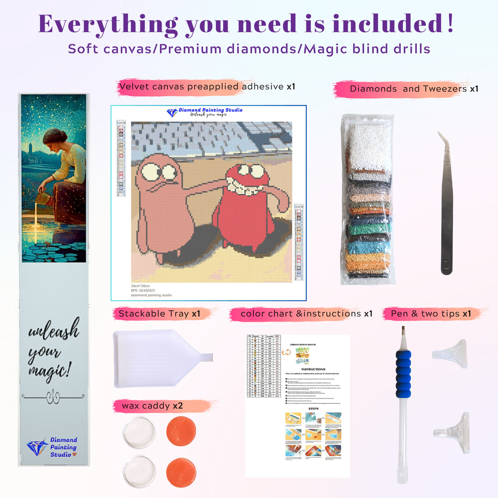 Diamond art kit set showing Monster Friends duo, including canvas and all tools for completing the design. This small diamond painting kit features two quirky cartoon monsters with friendly, goofy expressions—perfect for creative beginners or as a fun project for kids and adults alike. Makes a cute and conversation-starting desktop decor piece.