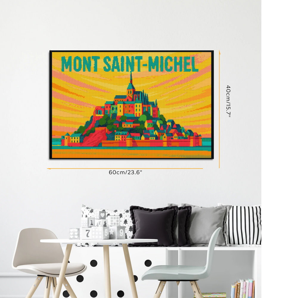 A completed Mont Saint-Michel Diamond Painting from the Landmark Series hanging on a wall. It adds a colorful and creative flair to the room and reflects a love for European architecture. This art is a fantastic way to decorate a home office or living space.