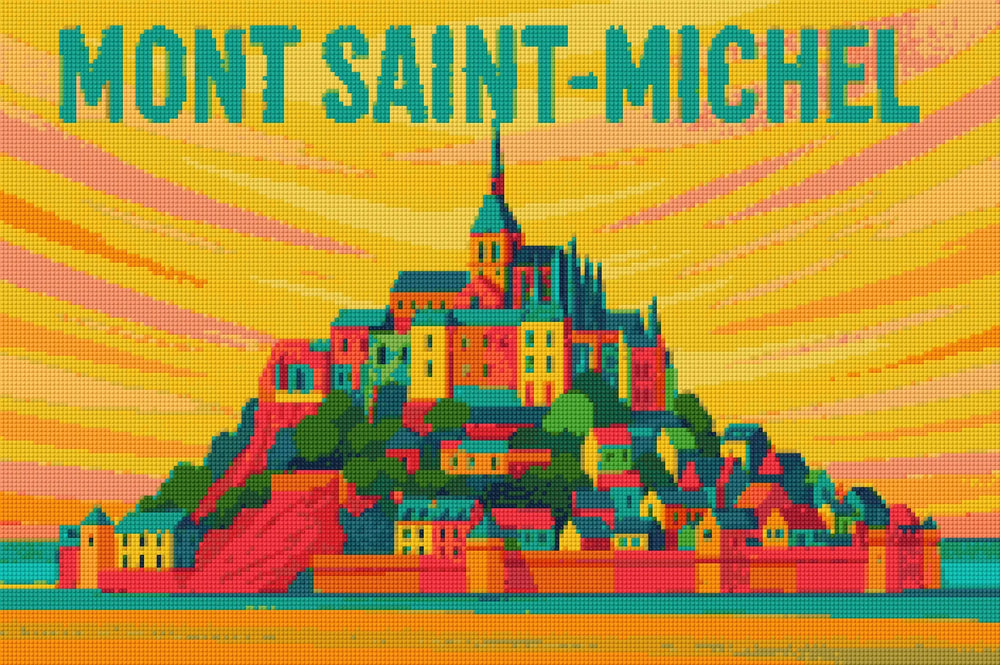 A close-up view of the completed Mont Saint-Michel Diamond Painting. The vibrant diamond drills create a stunning pop art effect, adding texture and sparkle to the famous landmark. This art piece is a great gift for a friend and can be a special souvenir of a trip to France.