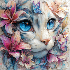 40x40cm diamond painting of mosaic-style white cat with blue eyes. Features square resin drills and soft printed canvas for cat art lovers.