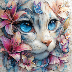 40x40cm diamond painting of mosaic-style white cat with blue eyes. Features square resin drills and soft printed canvas for cat art lovers.