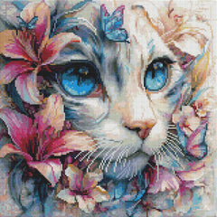 Preview of 40x40cm cat mosaic diamond painting kit with square drills and pastel floral accents. Elegant DIY wall art for feline fans.