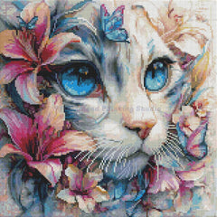 Preview of 40x40cm cat mosaic diamond painting kit with square drills and pastel floral accents. Elegant DIY wall art for feline fans.