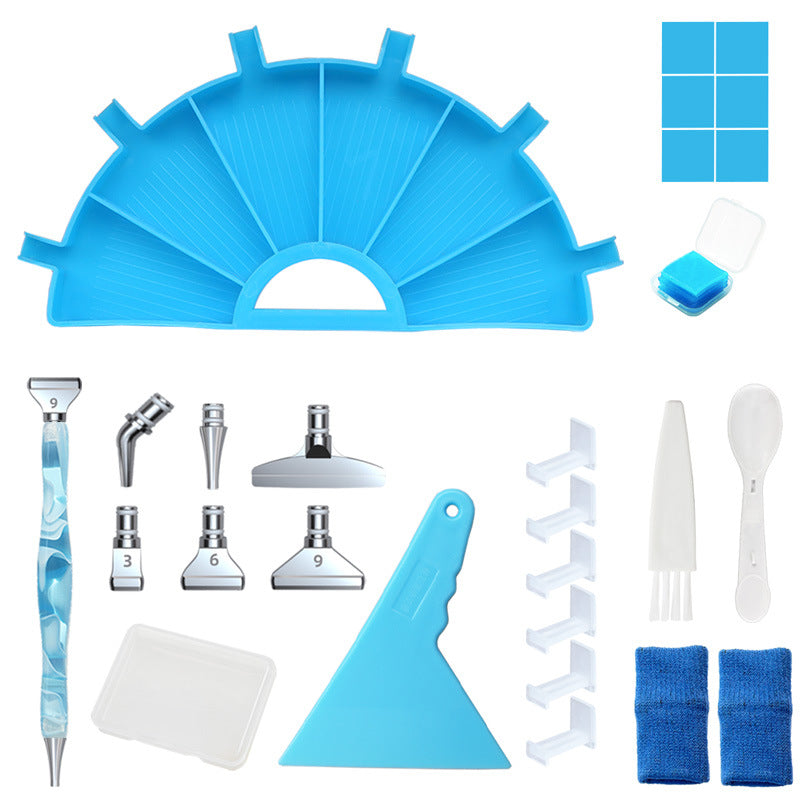 Blue half round diamond painting tool kit with palette tray, wax, correction tool, spoon, brush, and stickers, lightweight and portable for tidy diamond art workspaces.