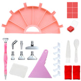 Multi-function diamond painting half round tray kit in pink with palette tray, clay blocks, correction tool, spoon, brush, labels, and storage box, keeping beads organized and crafting easier for beginners and pros.
